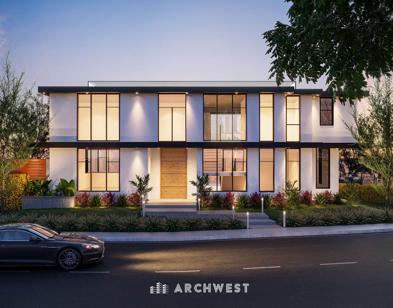 56. 3D Render of a House in Twilight Setting in California, USA